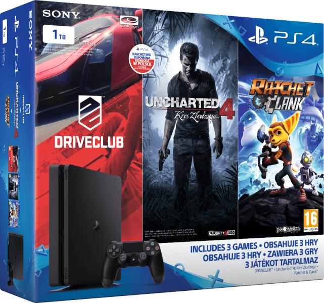 PlayStation 4 Slim 1 TB + Driveclub + Uncharted 4 + Ratchet and Clank - PlayStation 4 Gépek