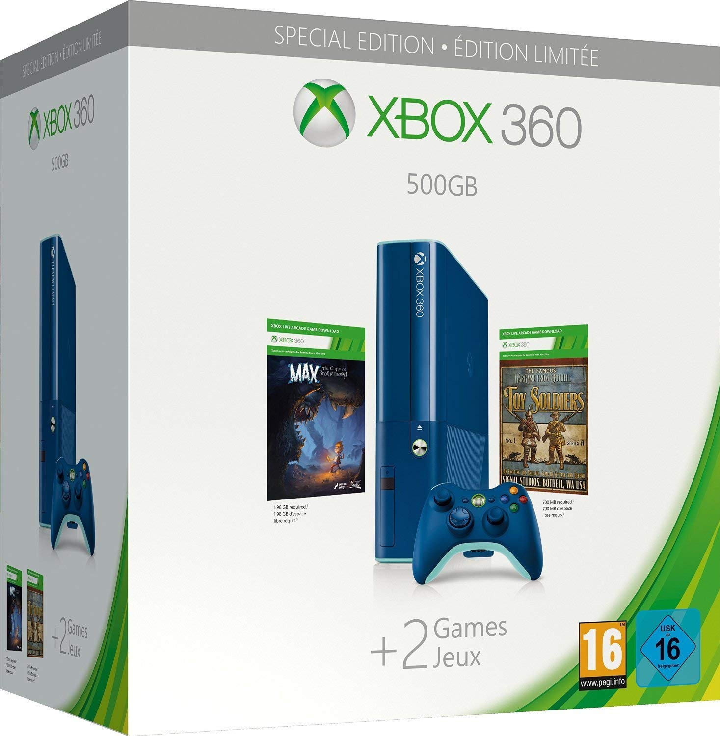 Xbox 360 Slim 500 GB Limited Blue Edition + Max + Toy Soldiers