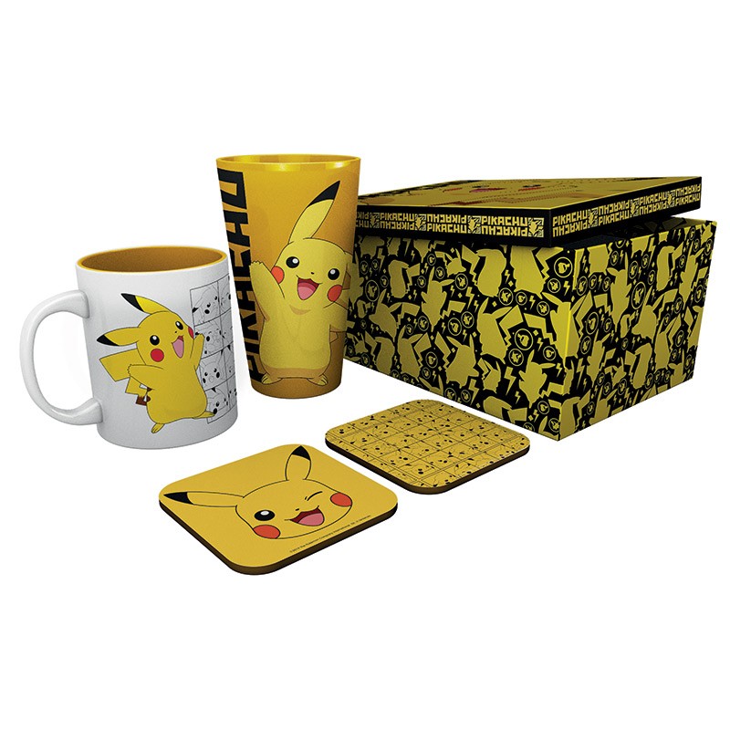 Pokemon Pikachu gift set mug, glass, 2 x coasters